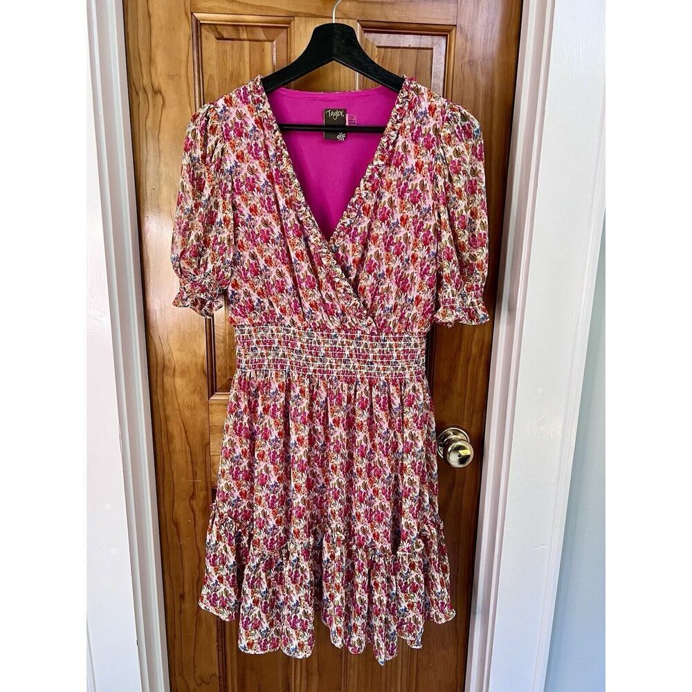 Taylor Dress Pink Floral Sheer Tiered Babydoll Smocked Fairy Coquette SZ 4